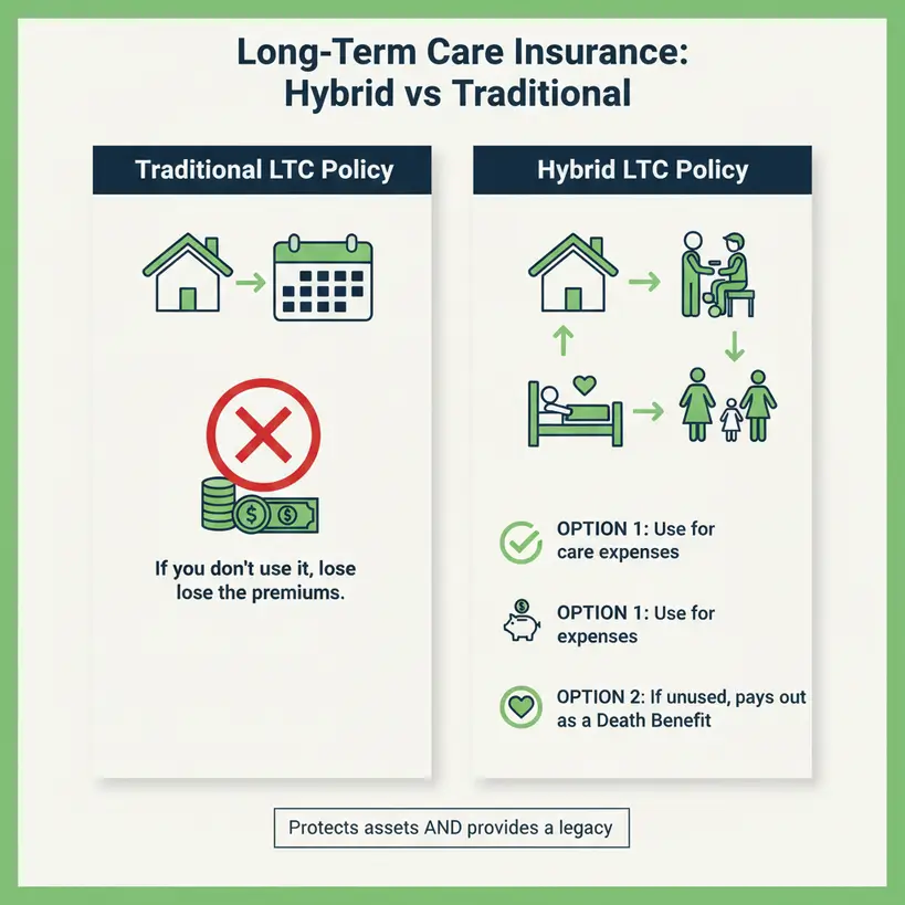 Infographic comparing Traditional vs Hybrid Long-Term Care Insurance showing asset protection and death benefit options