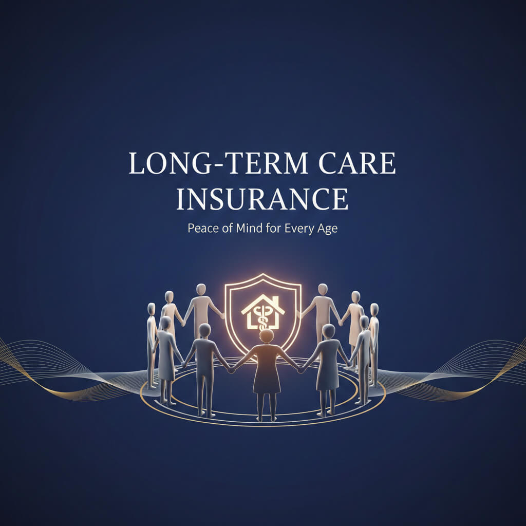 A shield with people of all ages group holding hands representing Long Term Care Insurance for all ages