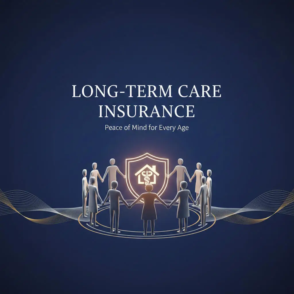 A shield with people of all ages group holding hands representing Long Term Care Insurance for all ages